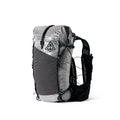 Hyperlite Mountain Gear Pemi 15 in grey Dyneema with vest harness – angled front studio view