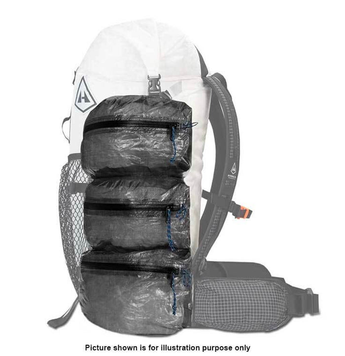 Hyperlite Mountain Gear PODS – illustration of three pods layered in a pack silhouette, marked illustrative only