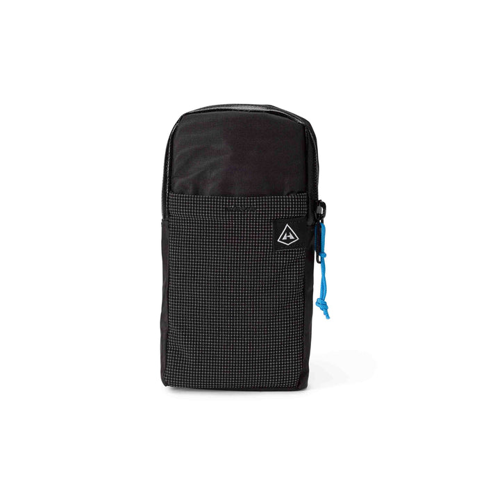 Hyperlite Mountain Gear Shoulder pocket in black with mesh top and blue zip pull, front view