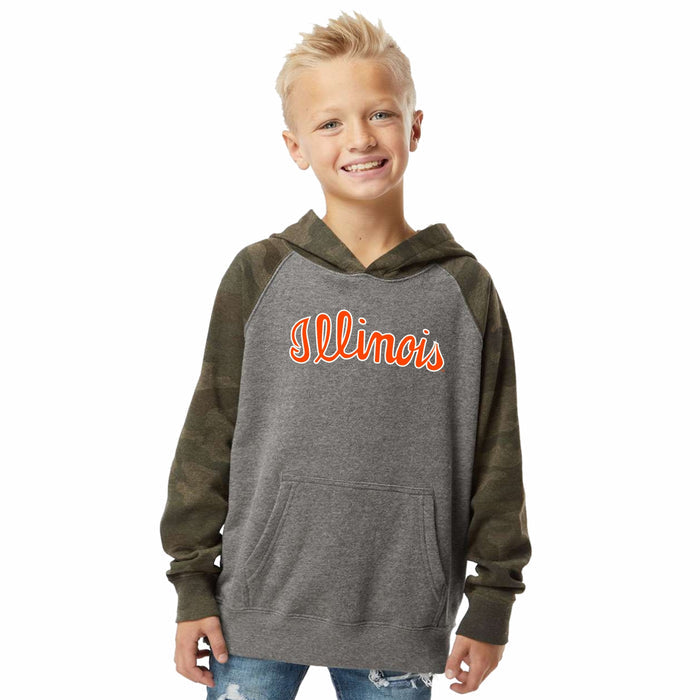 Illinois Kids Hoodie Grey/Camo Script