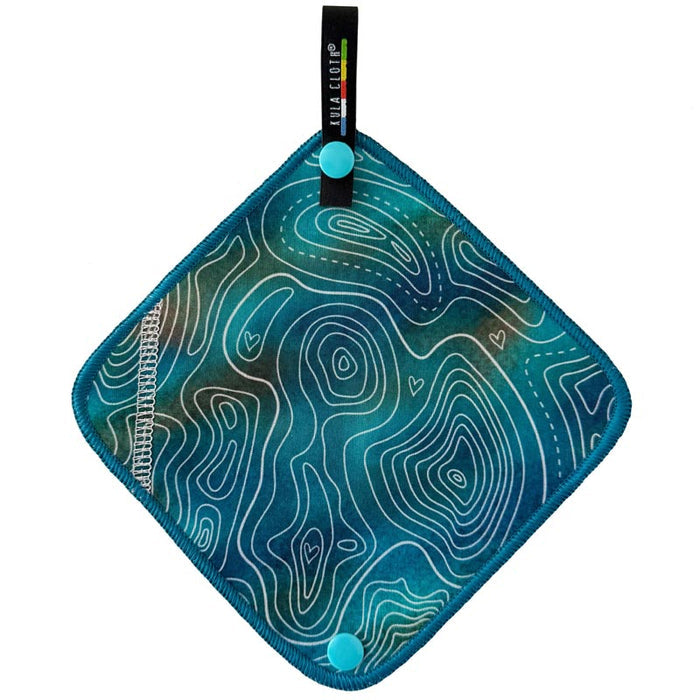 Kula Pee Cloth in Tranquil Topo print – blue-green topographic map design, front view