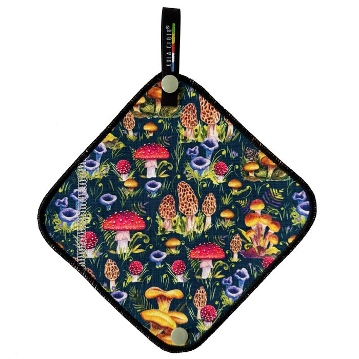 Kula Pee Cloth in Oh Cremini print – wild mushrooms and wildflowers on navy background, front view