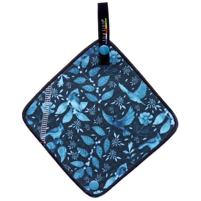 Kula Pee Cloth in Sapphire Feather print – blue birds and botanical design, front view