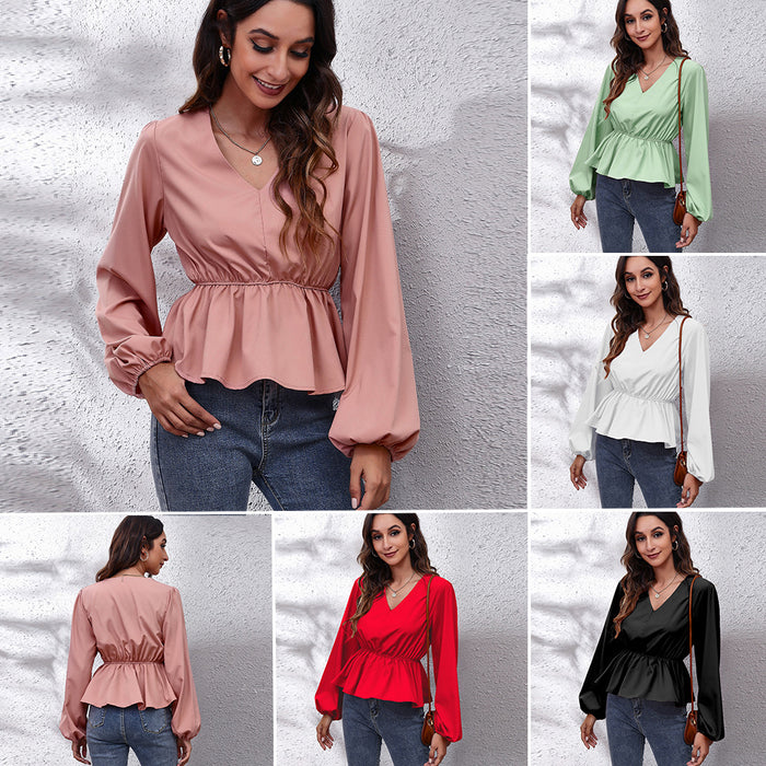 Lantern Sleeve Chiffon Shirt Solid Color Waist V-Neck Long Sleeved Women New Style - Livefree