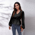 Lantern Sleeve Chiffon Shirt Solid Color Waist V-Neck Long Sleeved Women New Style - Livefree