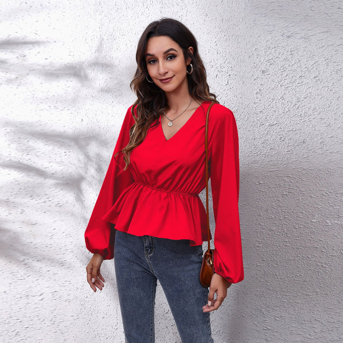 Lantern Sleeve Chiffon Shirt Solid Color Waist V-Neck Long Sleeved Women New Style - Livefree