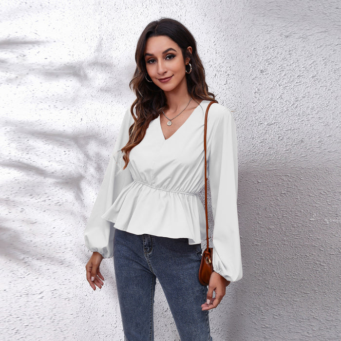 Lantern Sleeve Chiffon Shirt Solid Color Waist V-Neck Long Sleeved Women New Style - Livefree
