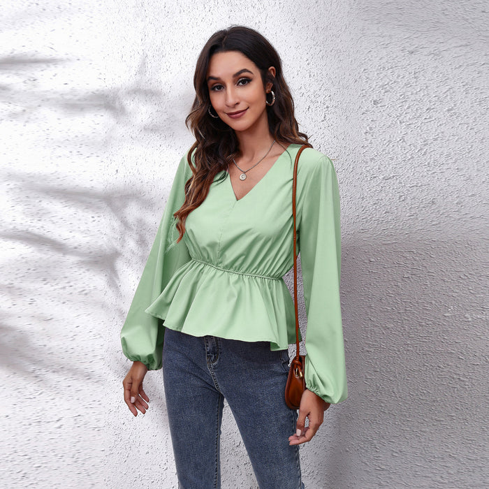 Lantern Sleeve Chiffon Shirt Solid Color Waist V-Neck Long Sleeved Women New Style - Livefree