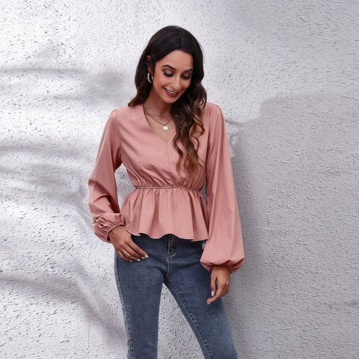 Lantern Sleeve Chiffon Shirt Solid Color Waist V-Neck Long Sleeved Women New Style - Livefree