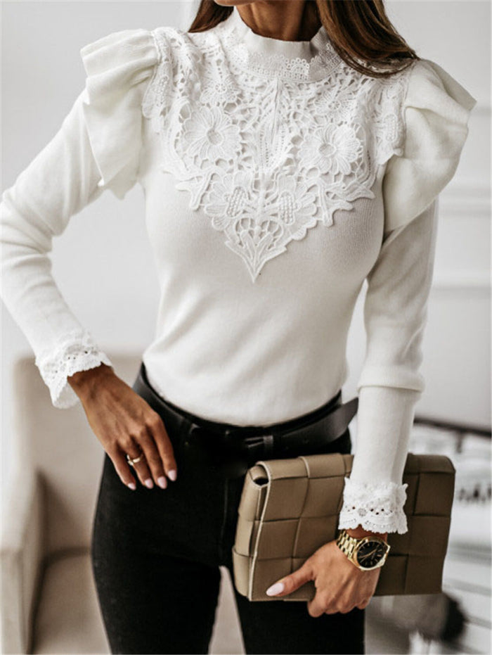 Long Sleeve Round Neck Lace Decorative Solid Color Bottoming Shirt Women