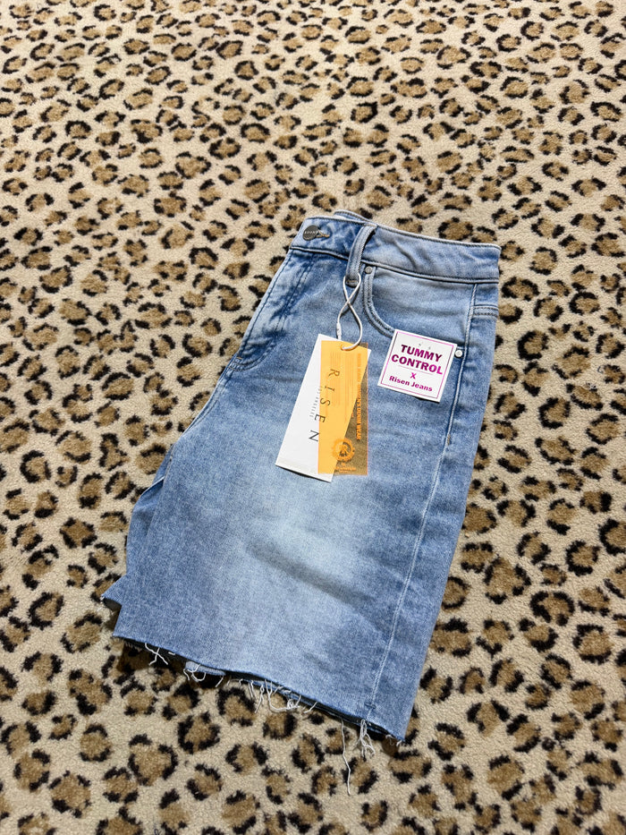 Mid Length Raw Hem Shorts