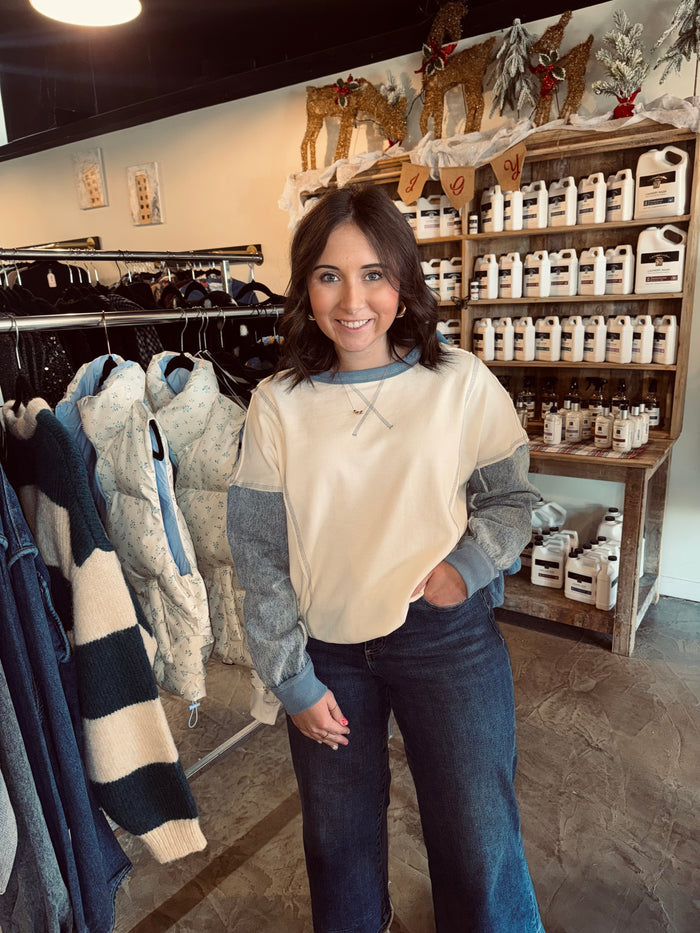 Mixed Denim Knit Top