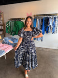 Navy Floral Puff Sleeve Dress