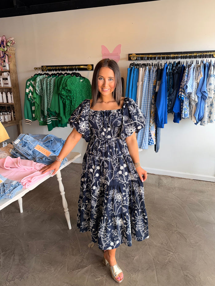Navy Floral Puff Sleeve Dress