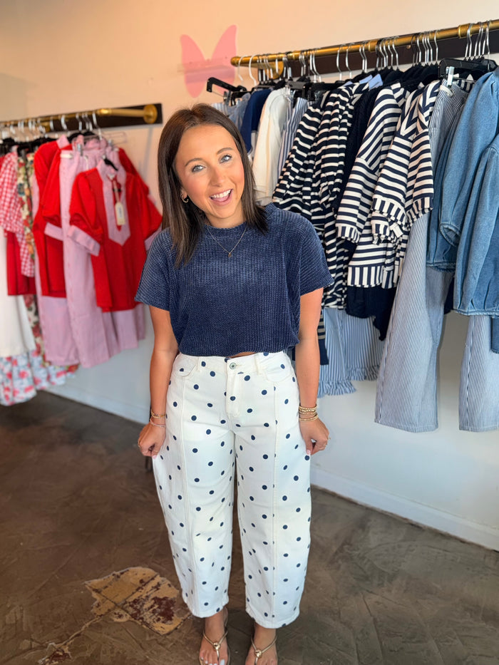 Navy Polka Dot Barrel Jean