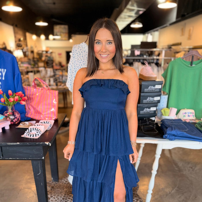 Navy Tiered Strapless Ruffle Dress