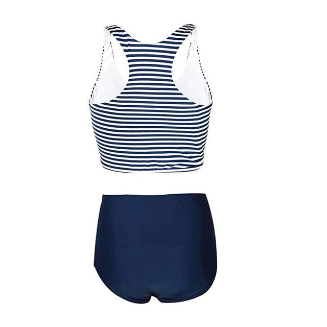 New Bikini Womens High Waist 2 Piece Stripe Bikini - shop.livefree.co.uk