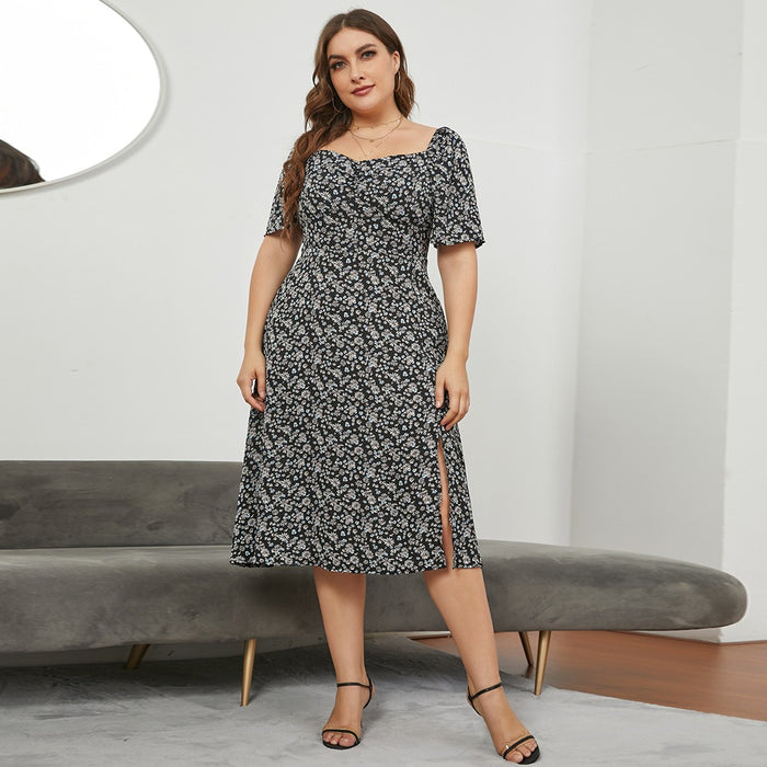 New Large Size Women French Square Neck Waist Open Long Floral Dresses Summer JR5031