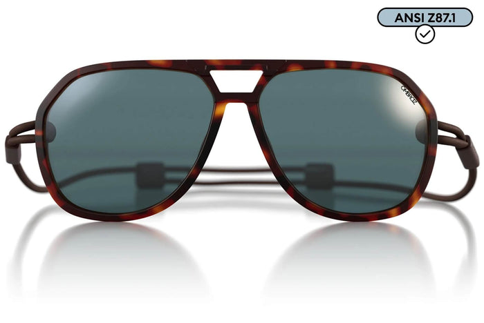 Ombraz Classic armless sunglasses, tortoise frame with grey lenses – front studio view