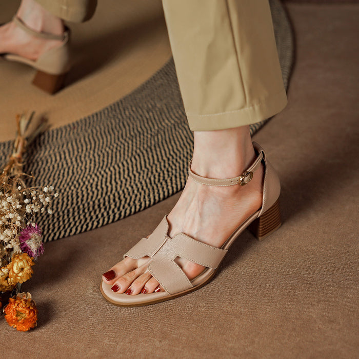 Open Toe Roman Chunky Heel Apricot Shoes - Livefree