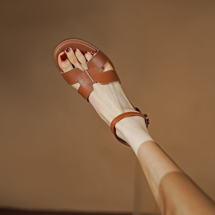 Open Toe Roman Chunky Heel Apricot Shoes - Livefree