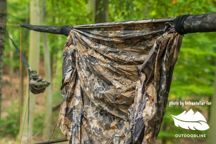 Outdoorline Hammock Tarp Sleeves – camo tarp gathered on the ridgeline