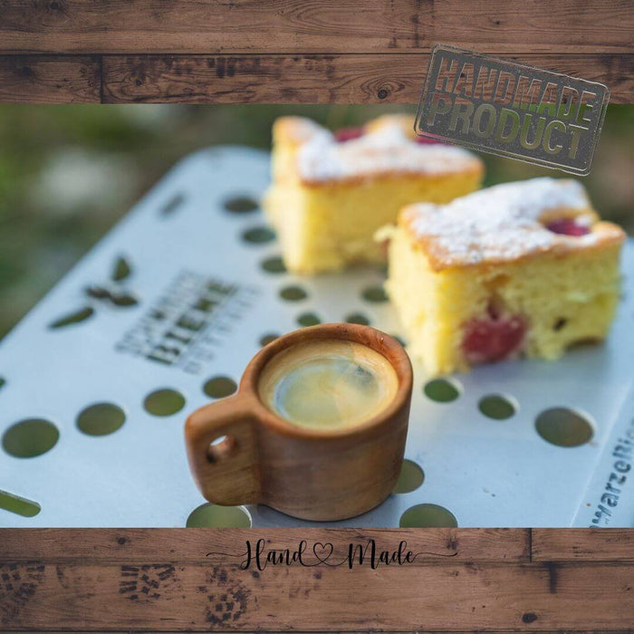 Outdoorline Handcrafted Wooden Shot Glass – beside coffee and cake outdoors