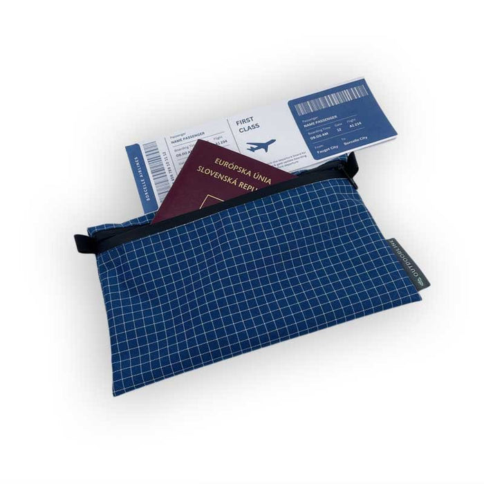 Outdoorline Ultralight Wallet Large HDPE Gridstop – open, holding passport and documents