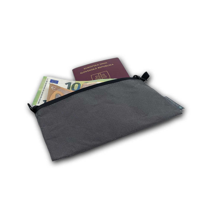 Outdoorline Ultralight Wallet Large Ultra – open, holding passport and cash