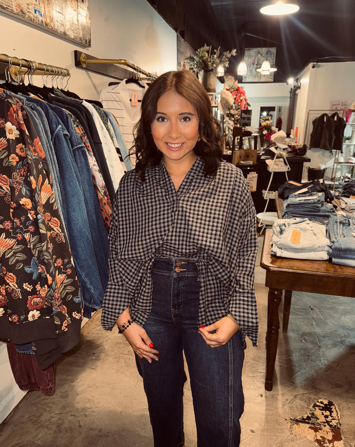 Oversized Plaid V-neck Blouse