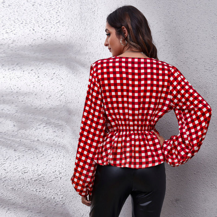 Plaid Print Waist V Neck Lantern Sleeve Elegant Blouse New For Women - Livefree