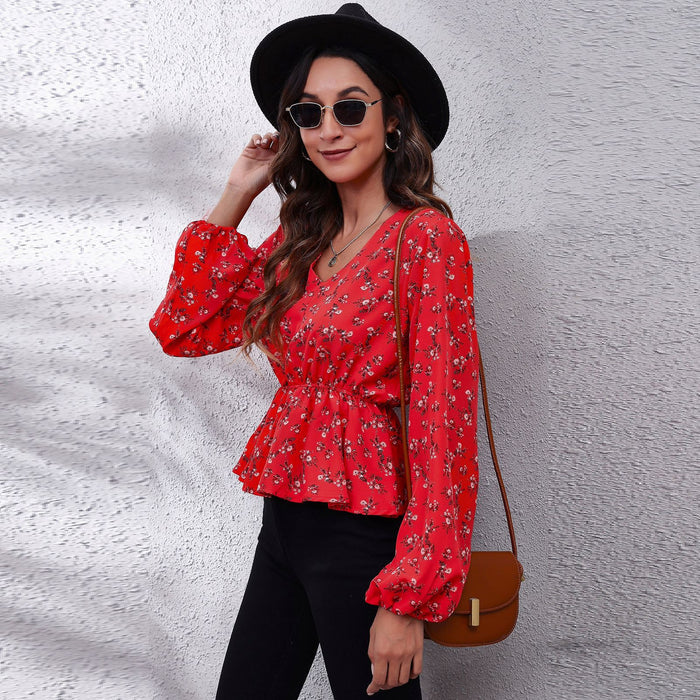 Plaid Print Waist V Neck Lantern Sleeve Elegant Blouse New For Women - Livefree