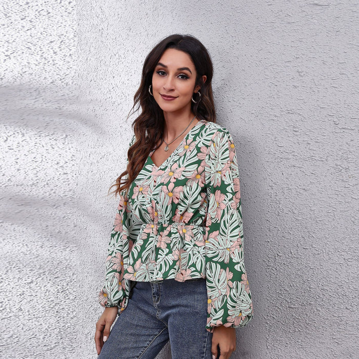 Plaid Print Waist V Neck Lantern Sleeve Elegant Blouse New For Women - Livefree