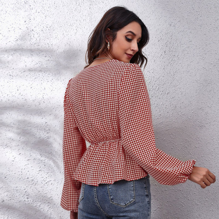 Plaid Print Waist V Neck Lantern Sleeve Elegant Blouse New For Women - Livefree