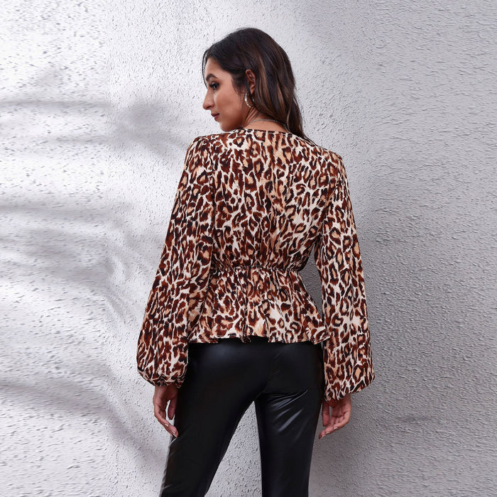Plaid Print Waist V Neck Lantern Sleeve Elegant Blouse New For Women - Livefree