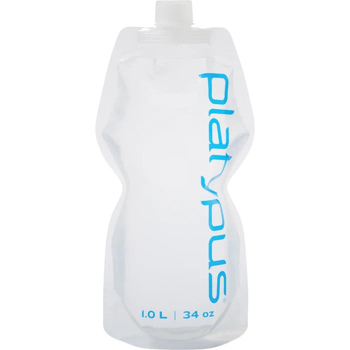 Platypus SoftBottle 1L – with logo and capacity, studio view