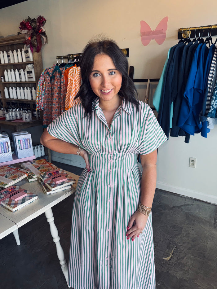 Pleated Striped Midi Dress