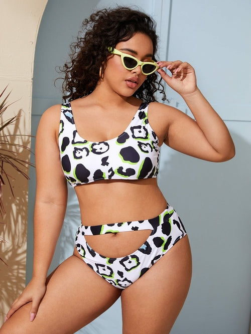 Plus Allover Graphic Cut-out Bikini Swimsuit - shop.livefree.co.uk