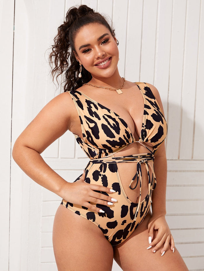 Plus Leopard Cut Out One Piece Swimsuit - shop.livefree.co.uk