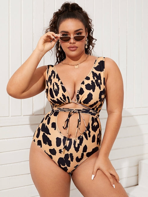 Plus Leopard Cut Out One Piece Swimsuit - shop.livefree.co.uk