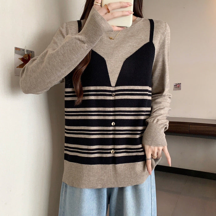 Plus Size Contrast Color Striped Fake Two Pieces Sweater