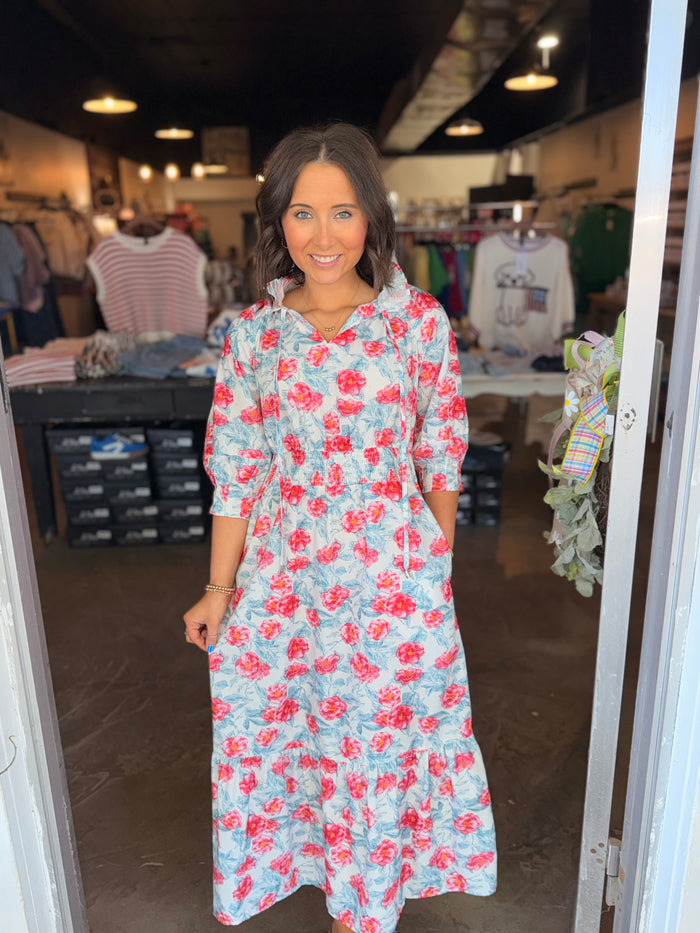Red Floral High Collar Dress