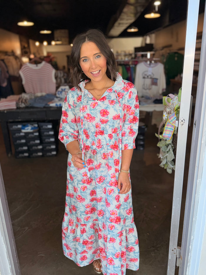 Red Floral High Collar Dress