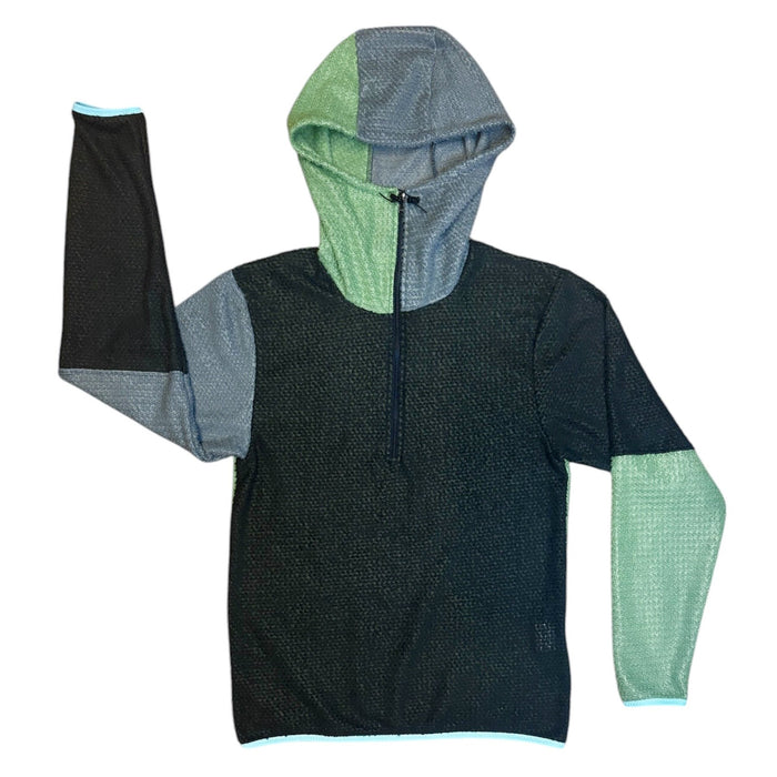 Sambob Alpha 90 Hoodie 1/2 Zip in black with grey and sage green panels – flat-lay, half-zip pulled up