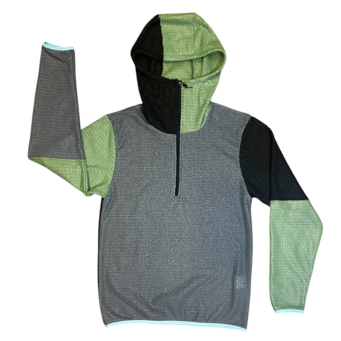 Sambob Alpha 90 Hoodie 1/2 Zip in grey with black hood panel and sage green shoulders – flat-lay front view