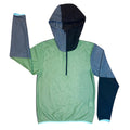 Sambob Alpha 90 Hoodie 1/2 Zip in sage green with grey-and-black hood and one navy sleeve – flat-lay