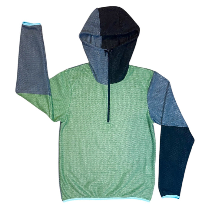 Sambob Alpha 90 Hoodie 1/2 Zip in sage green with grey-and-black hood and one navy sleeve – flat-lay