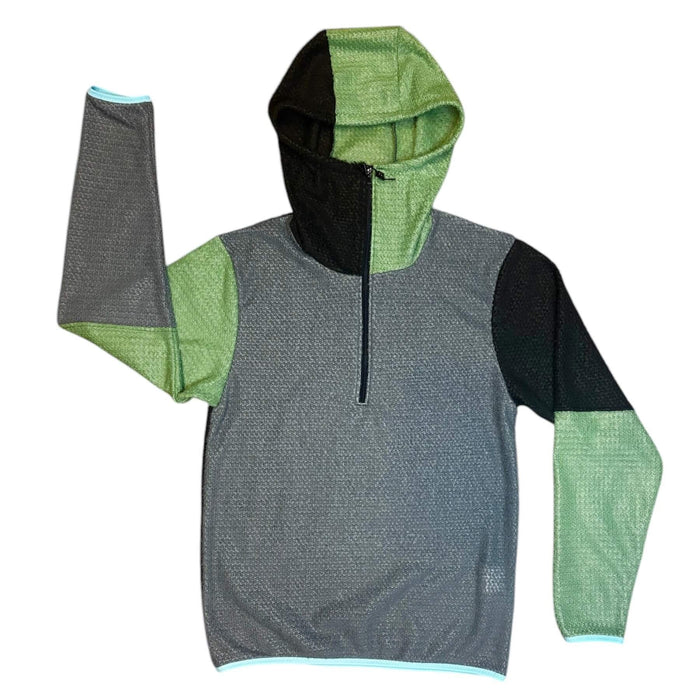 Sambob Alpha 90 Hoodie 1/2 Zip in grey – flat-lay front view, black hood panel, sage green shoulders
