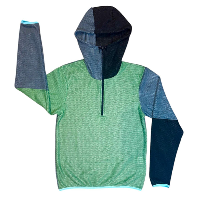 Sambob Alpha 90 Hoodie 1/2 Zip in sage green – flat-lay front view, grey-and-black hood, navy sleeve
