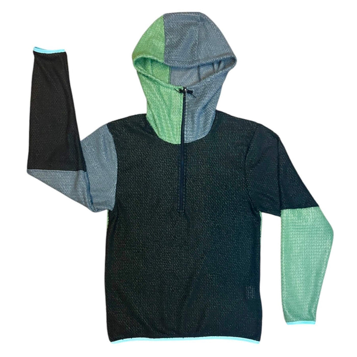 Sambob Alpha 90 Hoodie 1/2 Zip in black – flat-lay front view, grey and sage green sleeve panels